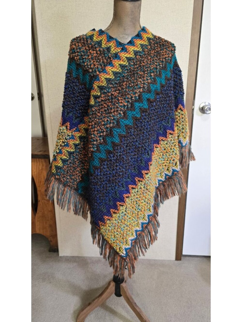 Boho Poncho Multicolor Chevron Knit Fringe Detail Autumn Winter Layer